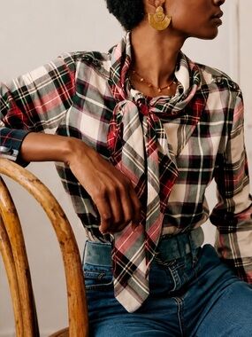 Sezane Darren Tartan Blouse Top Shirt Plaid 36 XS